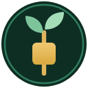 QuantFarming logo: a candlestick sprouting two leaves