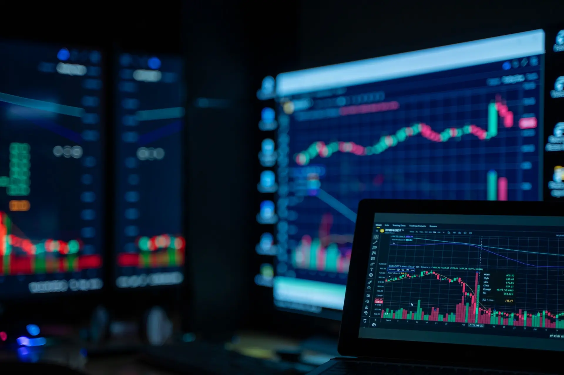 Dimly lit desk with monitors showing market charts
